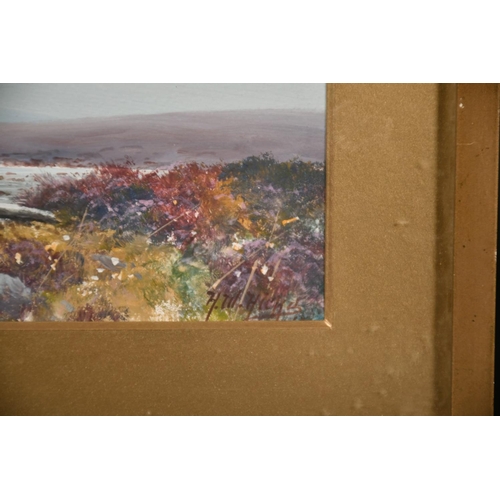 184 - H.W. Hicks (1880-1944) British, A landscape with a stream running through heathery moorland and hill... 