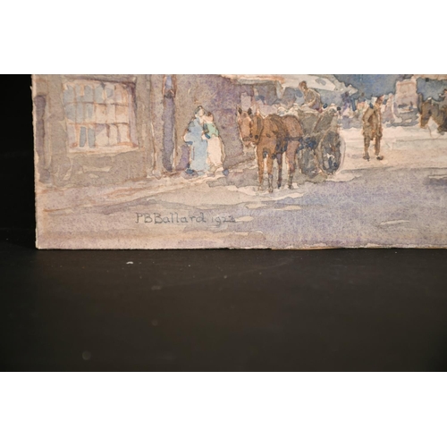 189 - P.B. Ballard, A bustling street scene with figures and carriages, watercolour, signed and dated '192... 