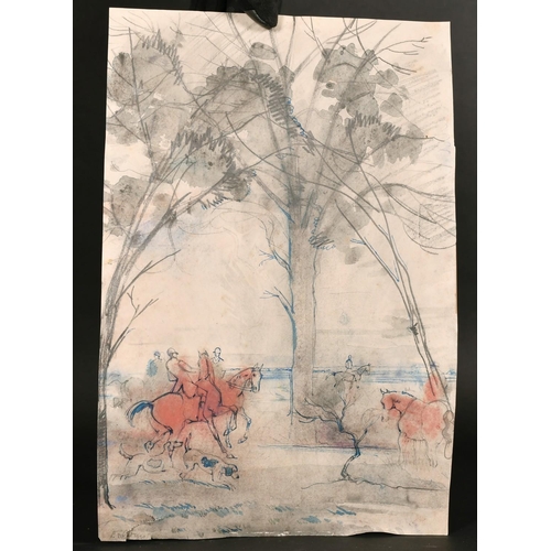 190 - 20th century Continental school, a hunting scene with huntsman and hounds on the scent with a scene ... 