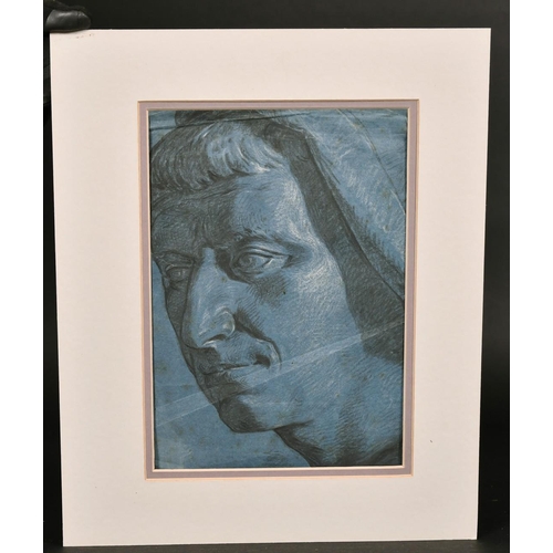 202 - Old master drawing of a classical statue head, on blue paper with prancing unicorn watermark, 9