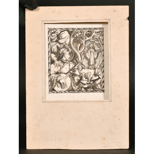 204 - Modern British, Oriental fantasy (said to be Marco Polo), pen + ink, inscribed and indistinctly sign... 