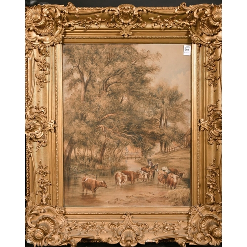 208 - A. Newby, British school, circa 1857, A cattle drove in a stream with cottages beyond, watercolour, ... 