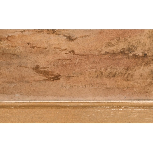 208 - A. Newby, British school, circa 1857, A cattle drove in a stream with cottages beyond, watercolour, ... 