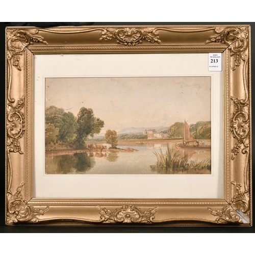 213 - Circle of Varley, Barges on a river with buildings and hills beyond, watercolour, 7