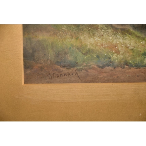 215 - J.C. Scherbey, British, Figures on a riverbank with a sailboat and a castle beyond, watercolour, ins... 