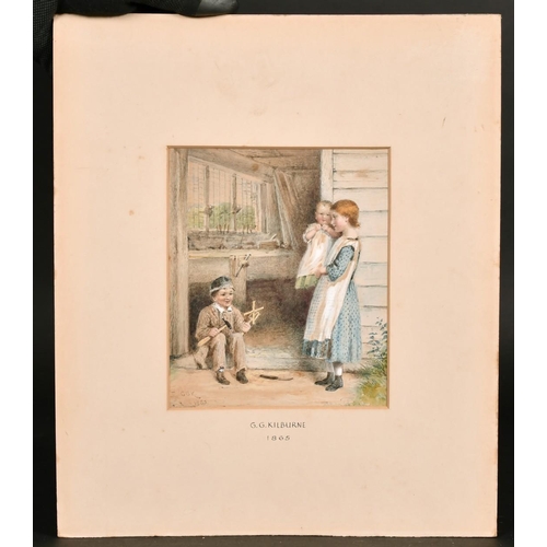 217 - George Goodwin Kilburn (1939-1924) British, a scene of three young children outside a workshop, wate... 