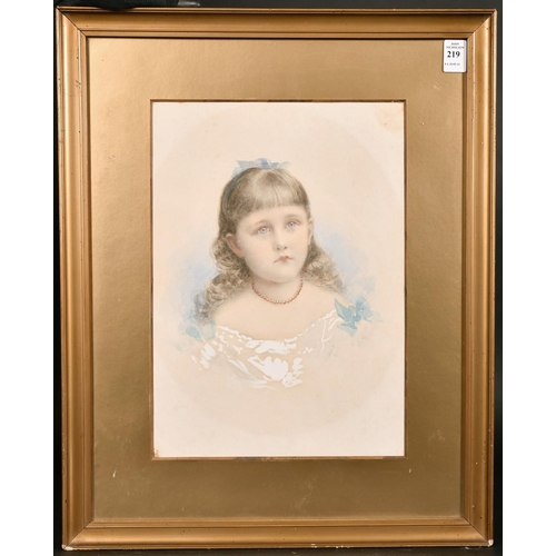 219 - 19th/20th century British school, A head and shoulders portrait of a girl, watercolour/bodycolour, 1... 