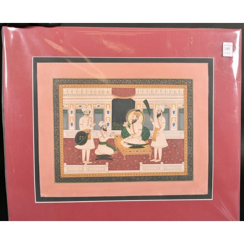 245 - A Sikh school Indian painting of a Guru with servants in attendance, watercolour and gouache, 9