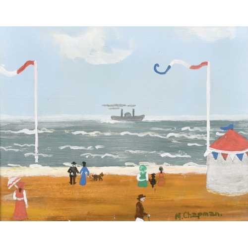 391 - Margaret Chapman (1940-2000) British, Figures on a French beach with a paddle steam ship beyond, oil... 