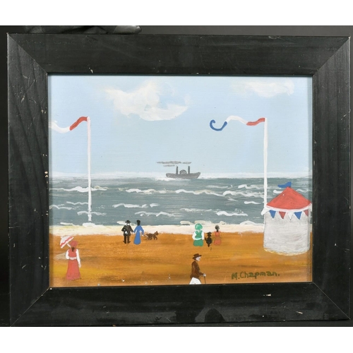 391 - Margaret Chapman (1940-2000) British, Figures on a French beach with a paddle steam ship beyond, oil... 