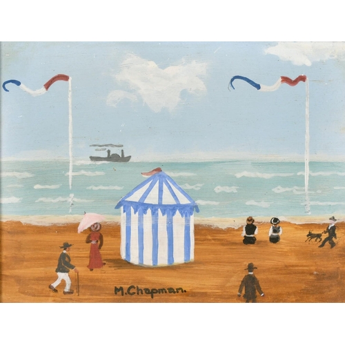 392 - Margaret Chapman (1940-2000) British, Figures on a French beach with a paddle steam ship beyond, oil... 