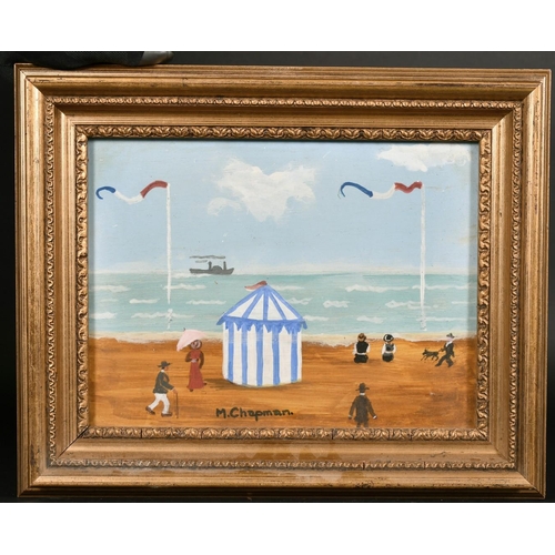 392 - Margaret Chapman (1940-2000) British, Figures on a French beach with a paddle steam ship beyond, oil... 