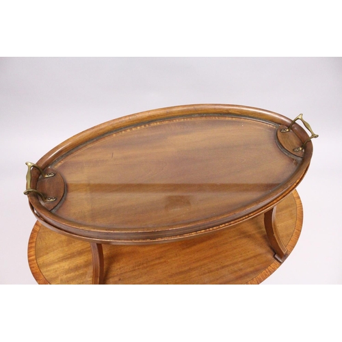 1029 - A GOOD MAHOGANY OVAL TWO TIER TABLE with detatchable  two handled glass tray on curving support with... 