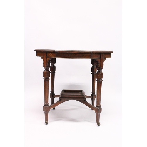 1030 - A GOOD VICTORIAN ROSEWOOD OCTAGONAL CENTRE TABLE with inlaid top, tapering legs with casters and und... 