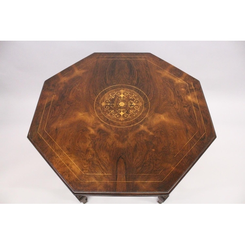 1030 - A GOOD VICTORIAN ROSEWOOD OCTAGONAL CENTRE TABLE with inlaid top, tapering legs with casters and und... 