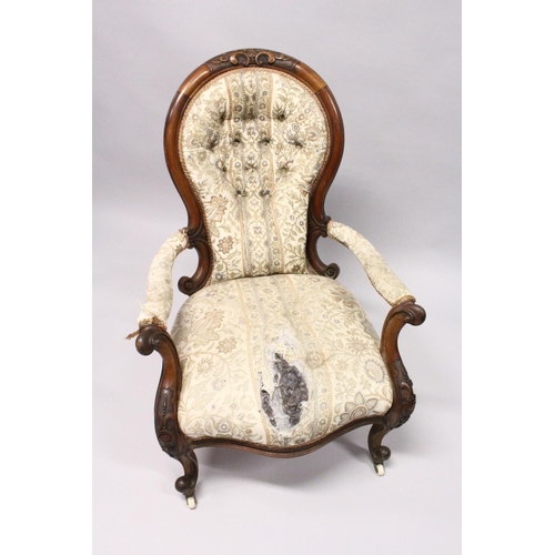 1031 - A GOOD VICTORIAN MAHOGANY SPOON BACK ARMCHAIR, open arms, sepentine fronted seat on cabriole legs, w... 