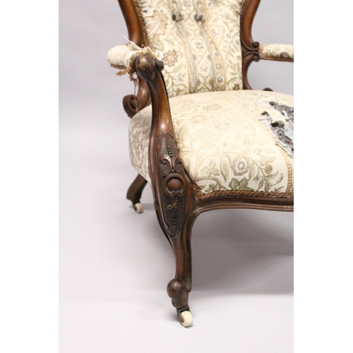 1031 - A GOOD VICTORIAN MAHOGANY SPOON BACK ARMCHAIR, open arms, sepentine fronted seat on cabriole legs, w... 