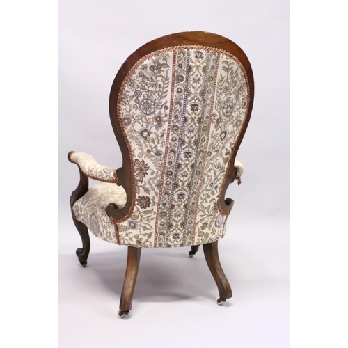 1031 - A GOOD VICTORIAN MAHOGANY SPOON BACK ARMCHAIR, open arms, sepentine fronted seat on cabriole legs, w... 