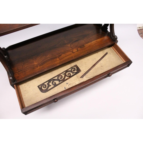 1034 - A GOOD LATE REGENCY ROSEWOOD THREE TIER WHAT-NOT, with pierced gallery, three shelves, the centre on... 