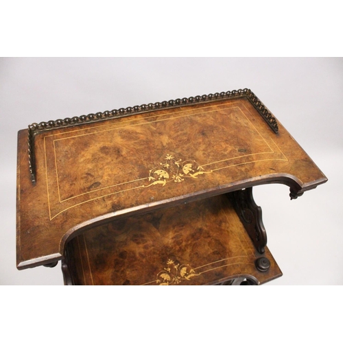 1035 - A VICTORIAN FLUTED WALNUT MUSIC CABINET/WHAT-NOT, with brass gallery, satinwood inlay, the base with... 