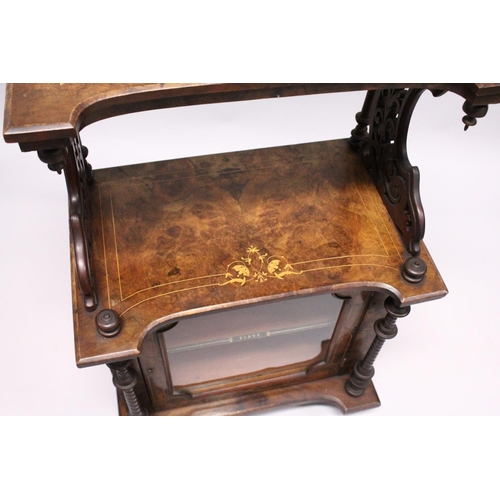 1035 - A VICTORIAN FLUTED WALNUT MUSIC CABINET/WHAT-NOT, with brass gallery, satinwood inlay, the base with... 