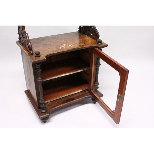 1035 - A VICTORIAN FLUTED WALNUT MUSIC CABINET/WHAT-NOT, with brass gallery, satinwood inlay, the base with... 