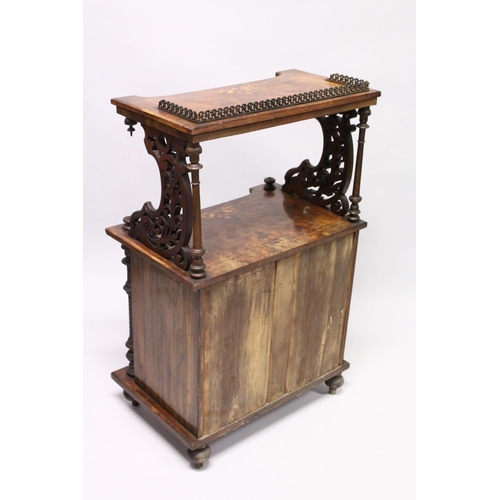 1035 - A VICTORIAN FLUTED WALNUT MUSIC CABINET/WHAT-NOT, with brass gallery, satinwood inlay, the base with... 
