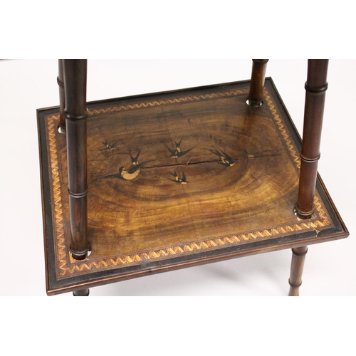 1036 - A SORRENTO INLAID TWO TIER TABLE on bamboo type legs. 2ft 3ins high x 1ft 4ins wide.