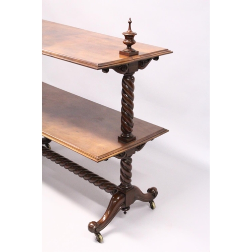 1037 - A GOOD VICTORIAN MAHOGANY TWO TIER DUMB WAITER with barley twist support on curving legs with caster... 