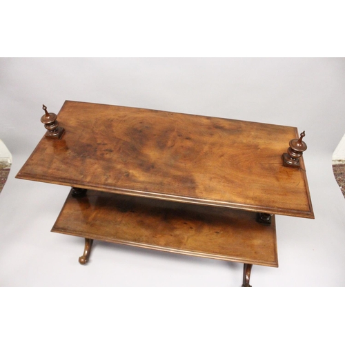 1037 - A GOOD VICTORIAN MAHOGANY TWO TIER DUMB WAITER with barley twist support on curving legs with caster... 