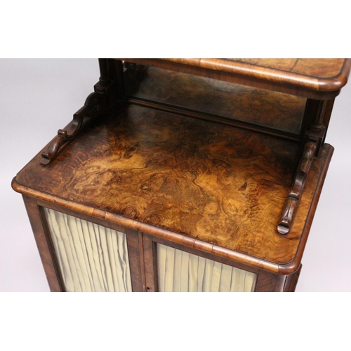 1039 - A GOOD VICTORIAN FIGURED WALNUT CUPBOARD with brass gallery, mirrored back over a pair of silk lined... 