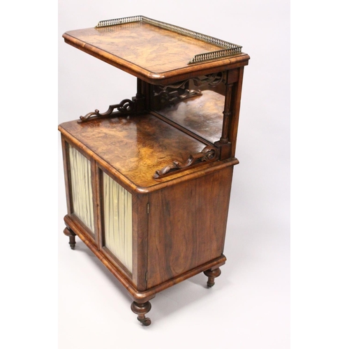 1039 - A GOOD VICTORIAN FIGURED WALNUT CUPBOARD with brass gallery, mirrored back over a pair of silk lined... 