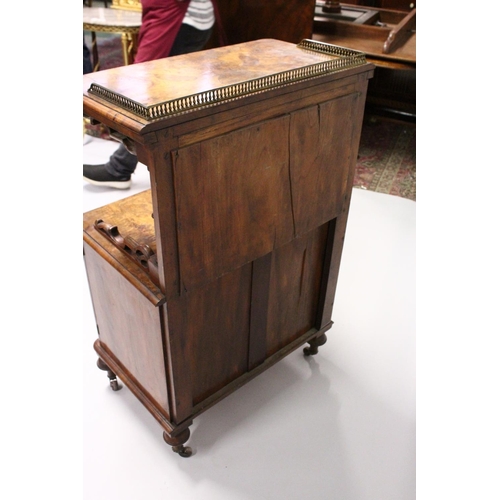1039 - A GOOD VICTORIAN FIGURED WALNUT CUPBOARD with brass gallery, mirrored back over a pair of silk lined... 