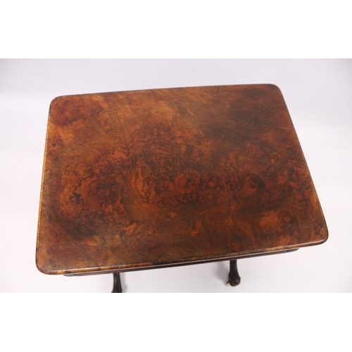 1040 - A GOOD VICTORIAN FIGURED WALNUT SEWING TABLE with single drawer, walnut sewing bag, carved and turne... 