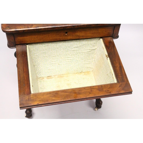 1040 - A GOOD VICTORIAN FIGURED WALNUT SEWING TABLE with single drawer, walnut sewing bag, carved and turne... 