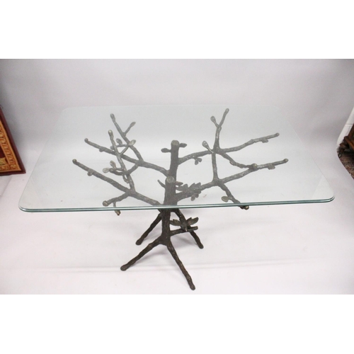 1040A - A RARE BRONZE, GLASS TOP, RUSTIC COFFEE TABLE, AFTER GIACOMETTI,  Glass top 3ft 8ins x 2ft 4ins . Th... 