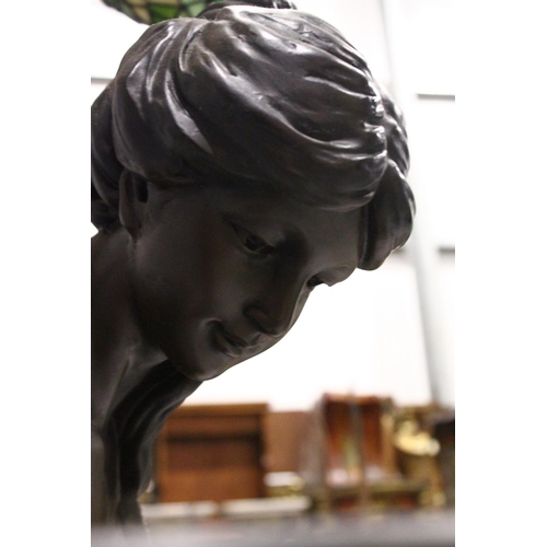 1043 - A FINE BRONZED WATER FEATURE, a classical female and Cupid standing on a metal base and arbour.