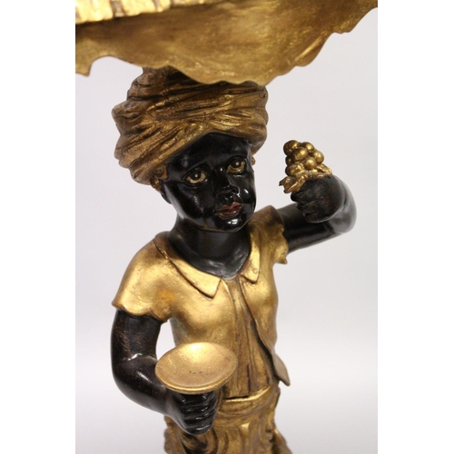 1046 - A GOOD PAIR OF EARLY 20TH CENTURY GILDED BLACKAMOOR STANDS with rectangular top, blackamoor supports... 