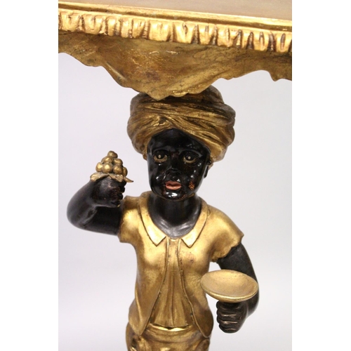 1046 - A GOOD PAIR OF EARLY 20TH CENTURY GILDED BLACKAMOOR STANDS with rectangular top, blackamoor supports... 
