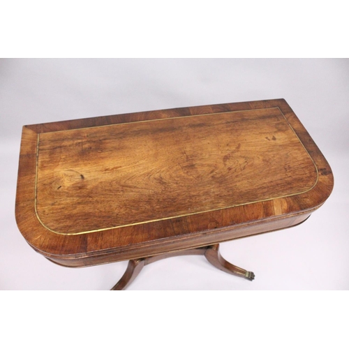 1050 - A MAHOGANY ROSEWOOD BRASS INLAID TILT SWIVEL TOP CARD TABLE, with green baize cover, four tuned supp... 