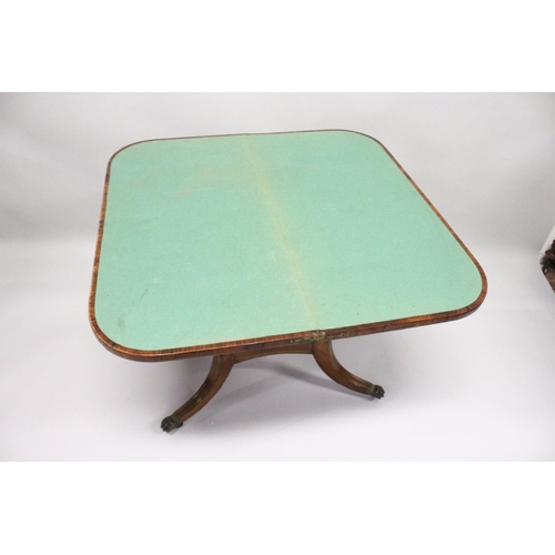 1050 - A MAHOGANY ROSEWOOD BRASS INLAID TILT SWIVEL TOP CARD TABLE, with green baize cover, four tuned supp... 