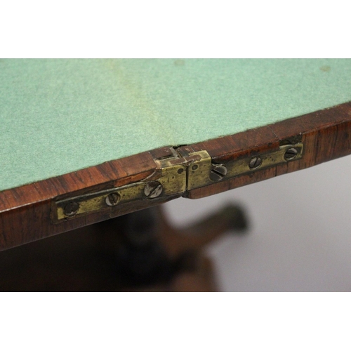 1050 - A MAHOGANY ROSEWOOD BRASS INLAID TILT SWIVEL TOP CARD TABLE, with green baize cover, four tuned supp... 