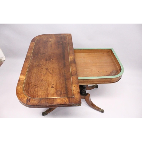 1050 - A MAHOGANY ROSEWOOD BRASS INLAID TILT SWIVEL TOP CARD TABLE, with green baize cover, four tuned supp... 
