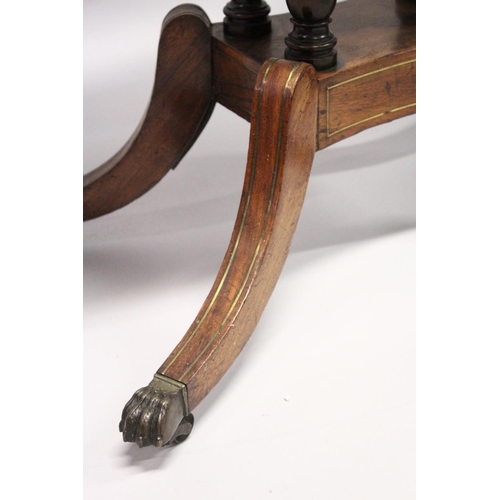 1050 - A MAHOGANY ROSEWOOD BRASS INLAID TILT SWIVEL TOP CARD TABLE, with green baize cover, four tuned supp... 