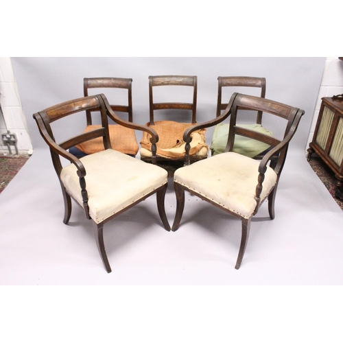 1052 - A PAIR OF MAHOGANY, SABRE LEG ARM CHAIRS and three matching single chairs.