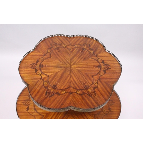 1054 - A GOOD SATINWOOD INLAID TWO TIER STAND with brass galley centre pillar on tripod legs. 2ft 8ins high... 