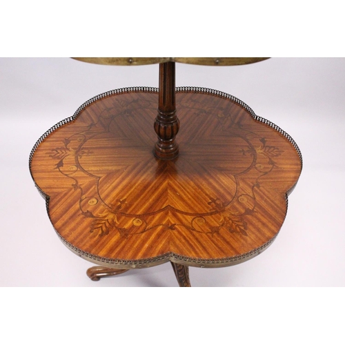 1054 - A GOOD SATINWOOD INLAID TWO TIER STAND with brass galley centre pillar on tripod legs. 2ft 8ins high... 