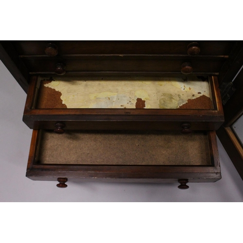 1061 - A VERY GOOD VICTORIAN MAHOGANY COLLECTORS CABINET, with glass front door enclosing 14 glass top draw... 