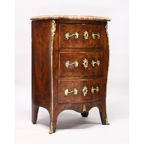 1089 - A LOUIS XV SERPENTINE-FRONTED KINGWOOD PETIT COMMODE with marble top, three drawers with brass handl... 