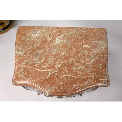 1089 - A LOUIS XV SERPENTINE-FRONTED KINGWOOD PETIT COMMODE with marble top, three drawers with brass handl... 